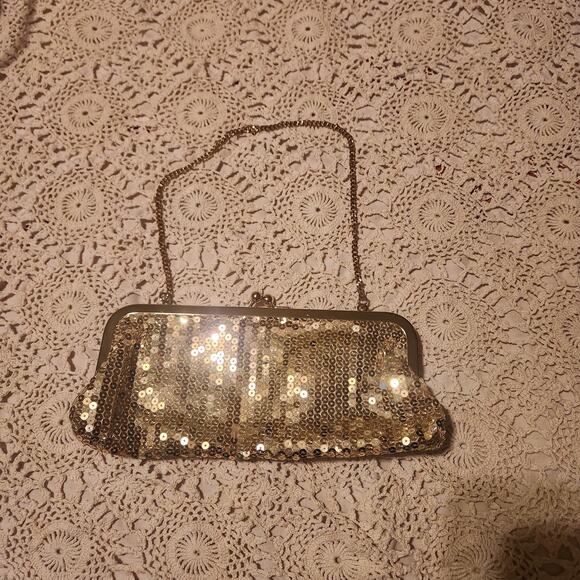 Ann Taylor Loft Metallic Sequined Gold Purse Clutch Evening Bag Holiday Party - Picture 3 of 9